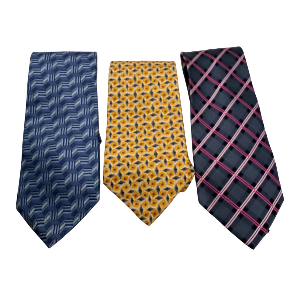 Geoffrey Beene Mens Silk Tie Lot of 3 Geometric Plaid‎ Blue Yellow Grey XL Long
